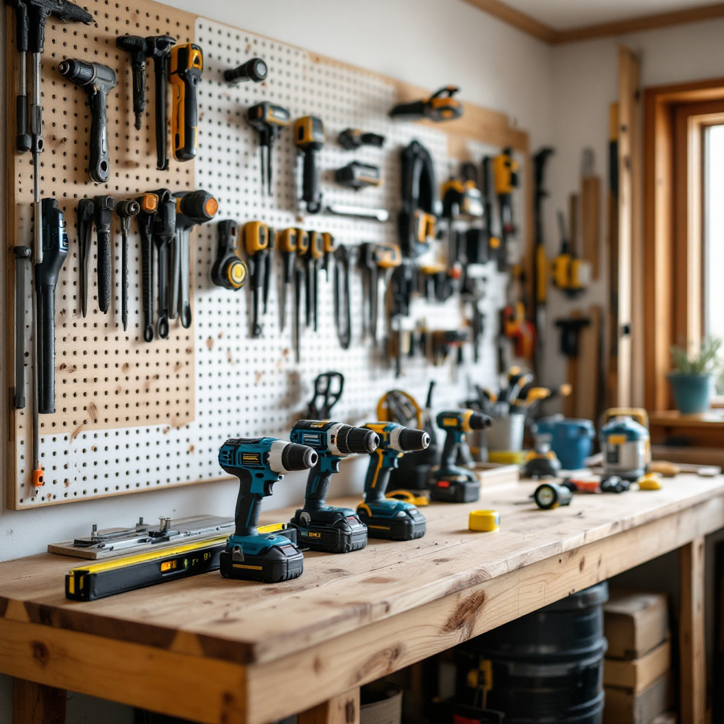 A contractor's workbench and tool wall
